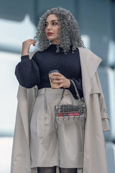 Fashionable woman with curly hair holding coffee, wearing trendy outfit with a transparent bag.