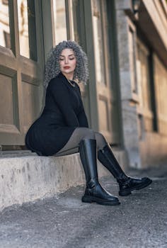 Elegant woman in black outfit sitting on a city sidewalk, showcasing contemporary urban fashion.