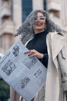 Elegant woman with curly gray hair and glasses enjoys reading a newspaper outside on a lively city street.
