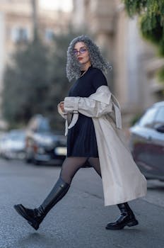 Fashionable adult woman with curly gray hair striding through a city street, wearing a trench coat and boots.