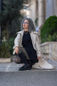 A fashionable woman with curly hair kneels outdoors in stylish attire, showcasing modern style.