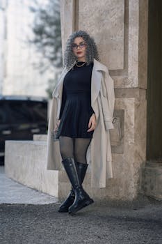 Fashionable woman wearing a black dress and trench coat posing by a stone wall outdoors.