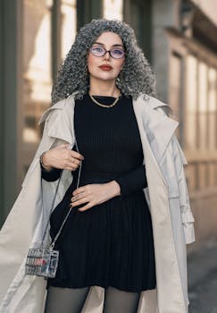A fashionable woman in a trendy outfit with a stylish coat, standing outdoors.