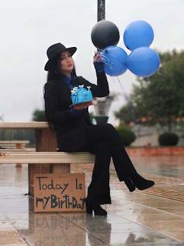 Elegant woman celebrates birthday outdoors with vibrant balloons and cake, exuding modern style.