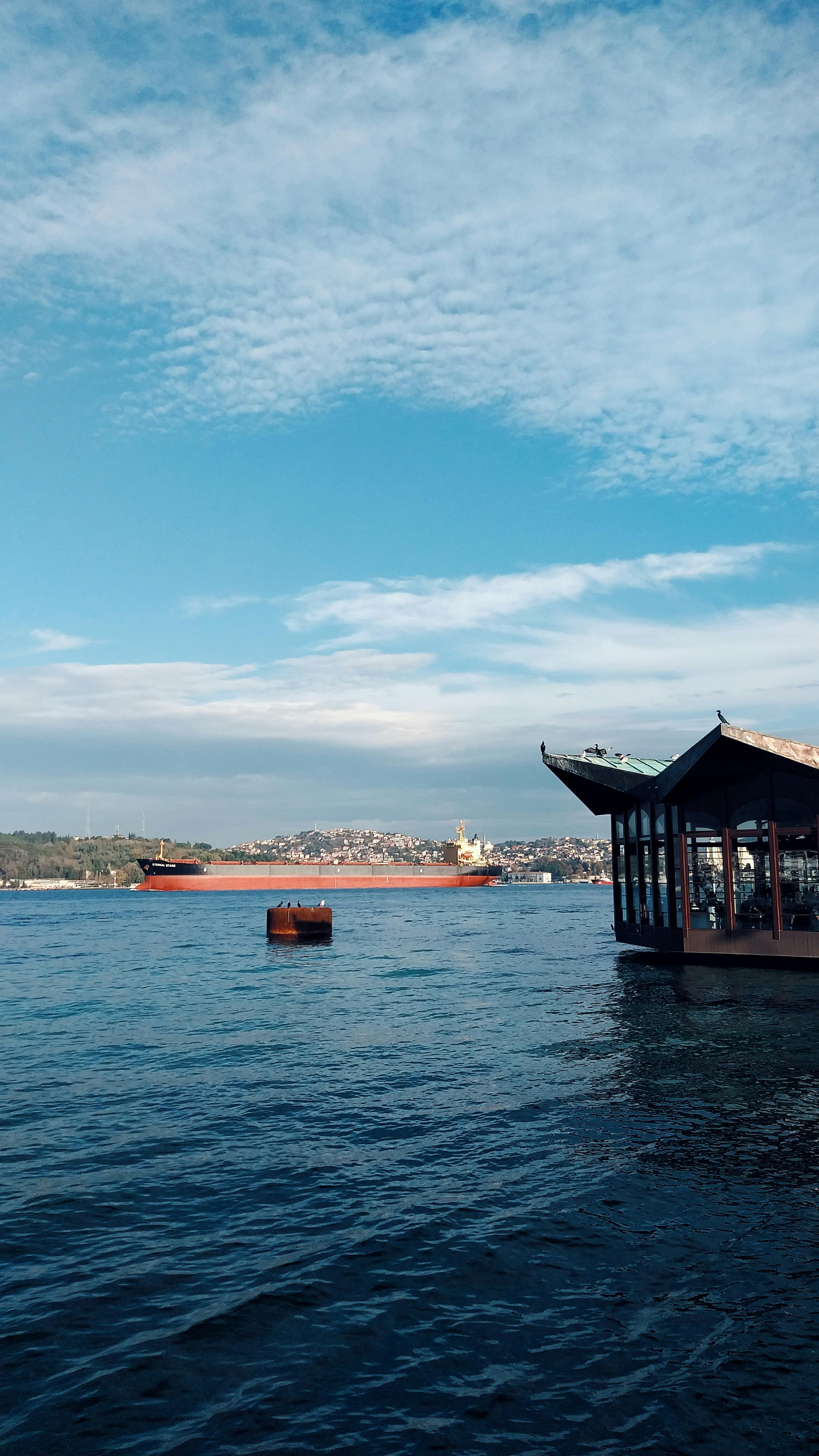 Beautiful view of the Bosphorus in Istanbul, featuring cargo ships and a waterfront structure.