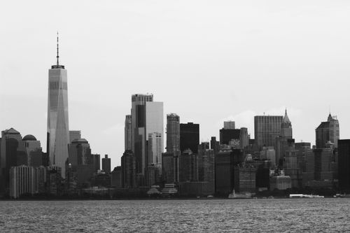 Free Monochrome view of New York City skyline featuring One World Trade Center. Stock Photo