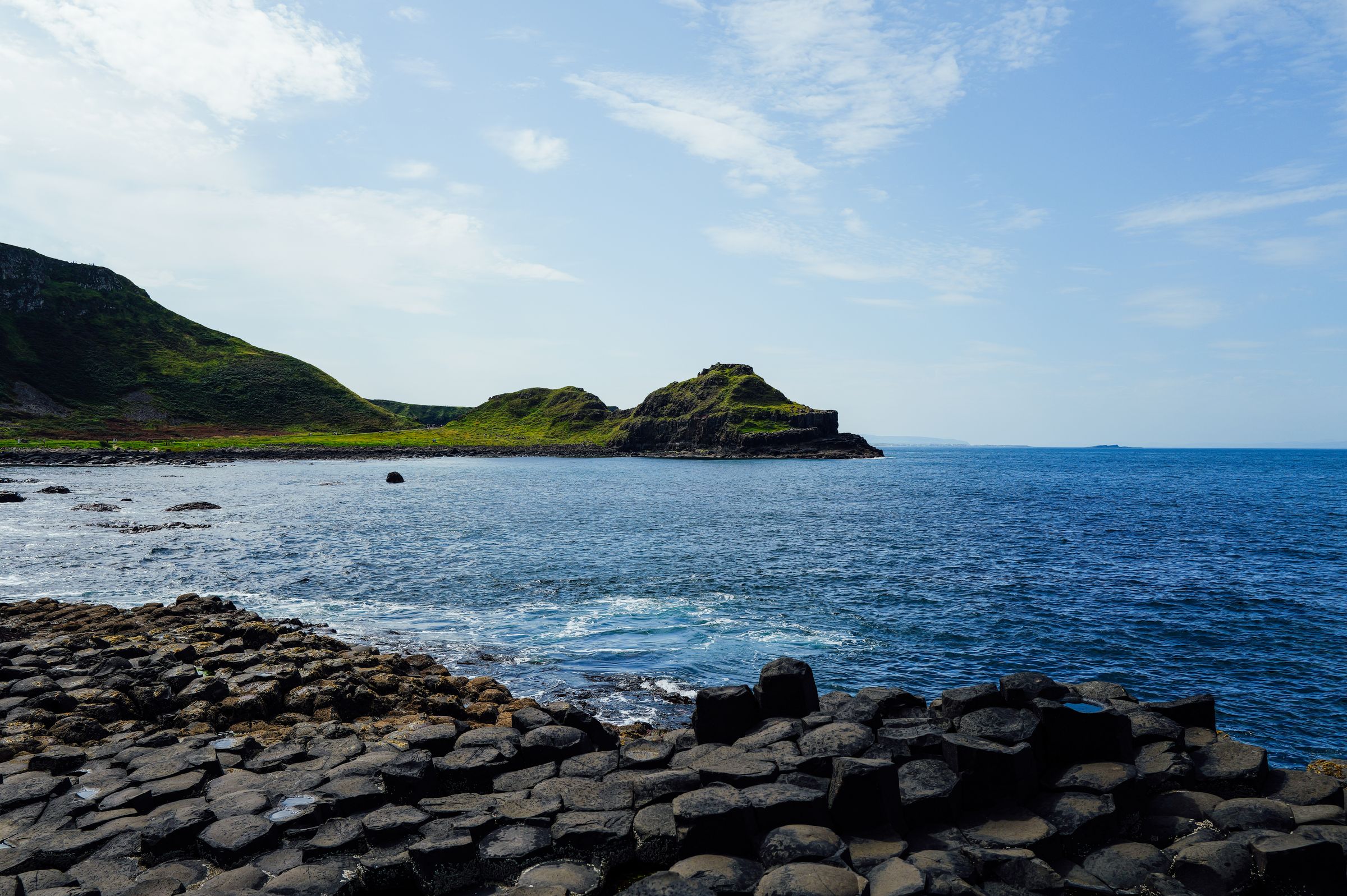View of the iconic Giant's Causeway basalt columns by the sea in Northern Ireland