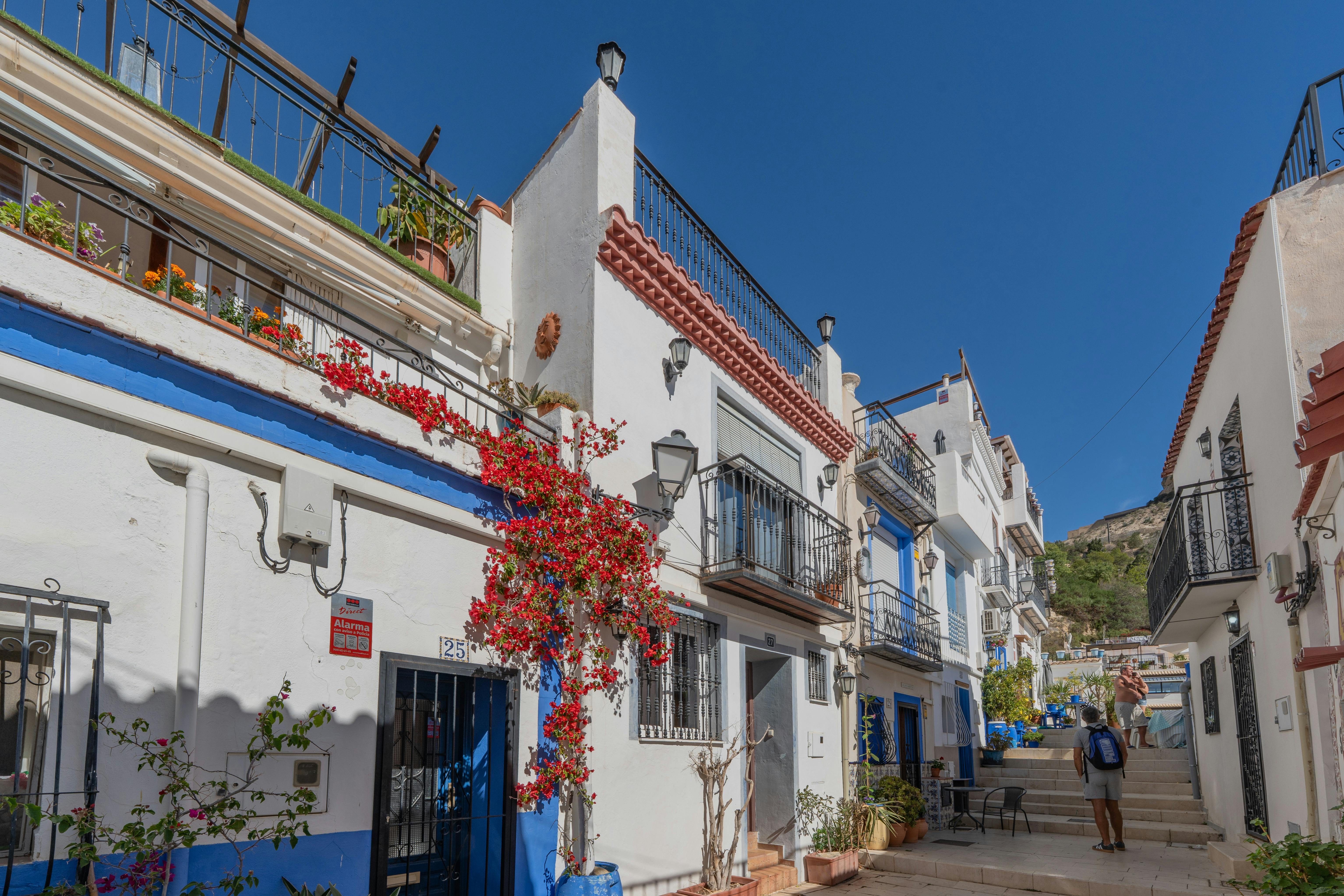 Picturesque street scene in Alicante, Spain with vibrant flowers and whitewashed facades.