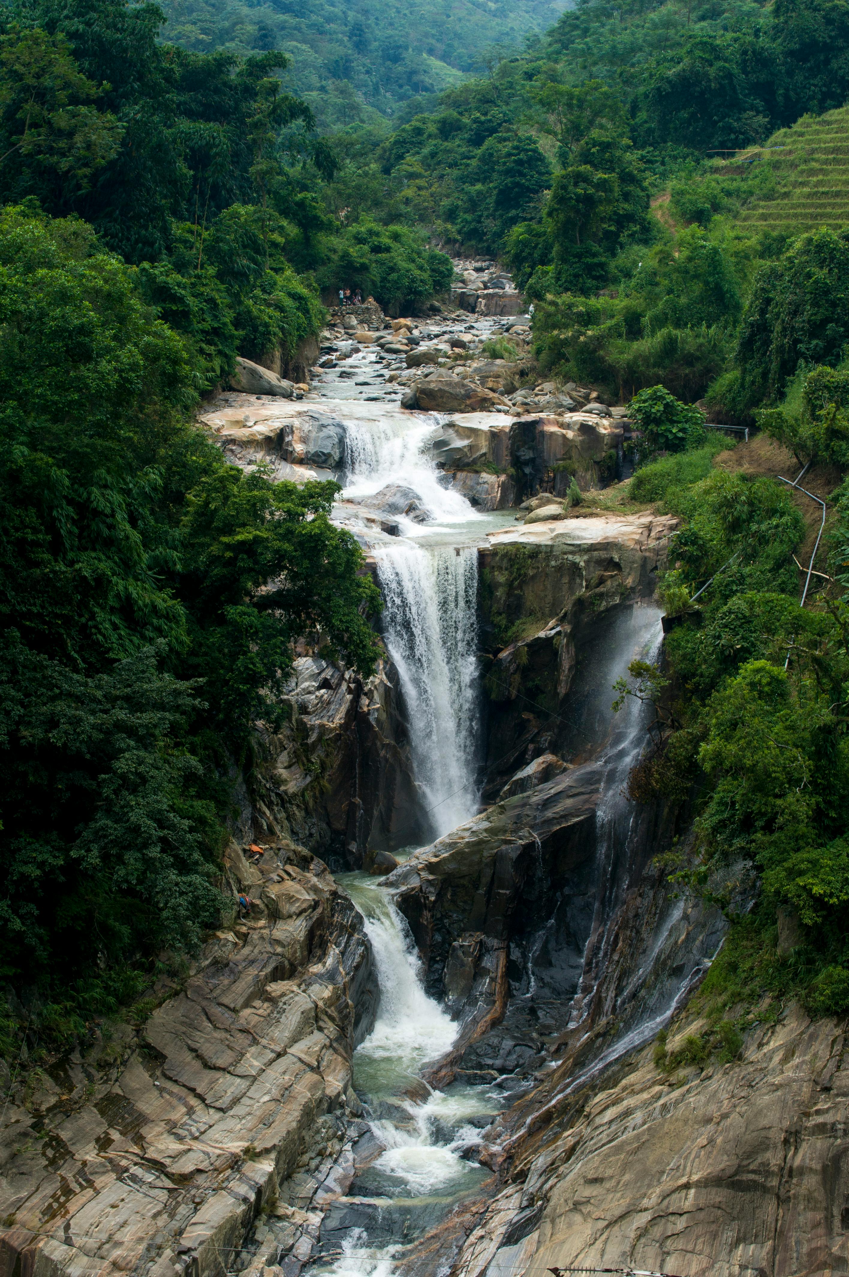 Beautiful cascading waterfall surrounded by dense green forest scenery.