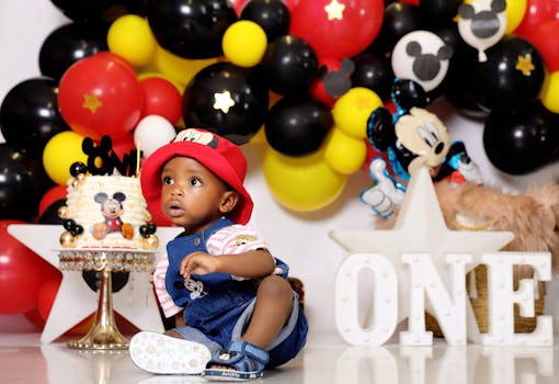 Colorful first birthday party with a Mickey Mouse theme, featuring balloons, cake, and decorations.