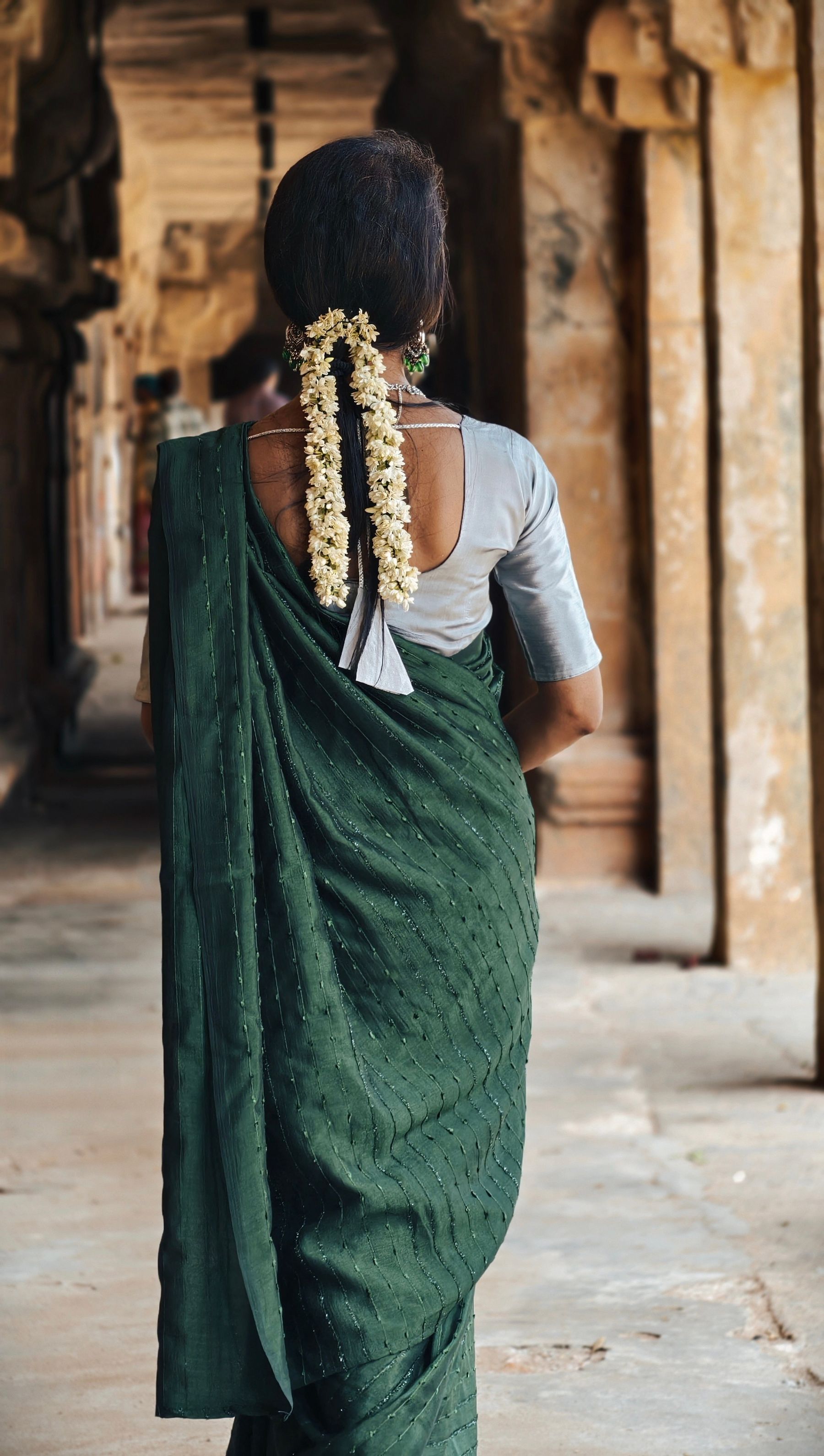 South Indian saree styling at a Tamil heritage corridor