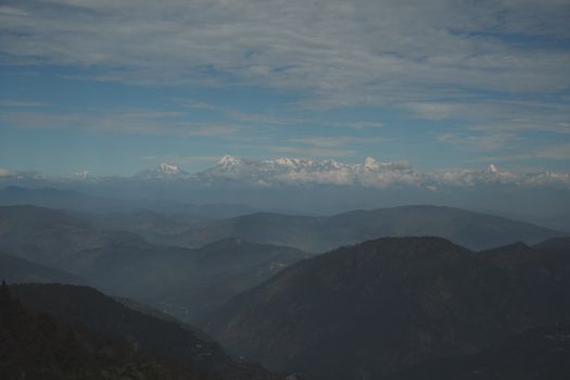 A breathtaking view of the Himalayan mountain range under a partly cloudy sky.