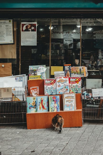 A bookstore display with children's books and a cat strolling by on the street.