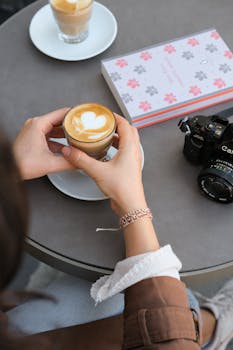 Cappuccino with latte art next to a camera in a cozy Istanbul café.