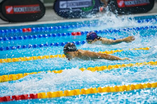Free Athletes competing in a swimming race, capturing intense action and determination. Stock Photo