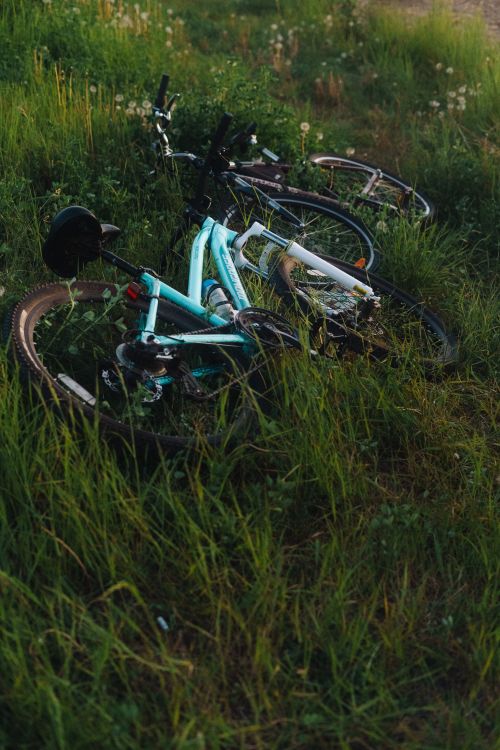 Free Two bicycles lying abandoned in lush green grass, conveying a rustic outdoor feel. Stock Photo