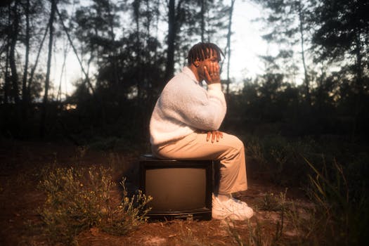 A man sits on a TV in a forest during sunset, reflecting solitude and contemplation.