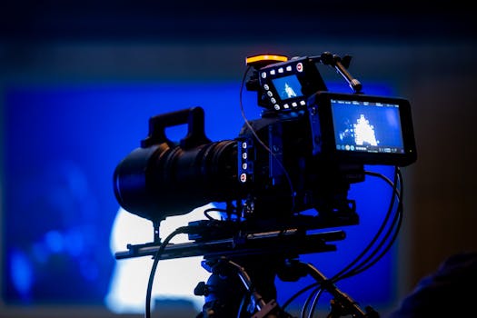 High-end video camera rig in studio setting with auxiliary monitor displays and vibrant blue lighting.