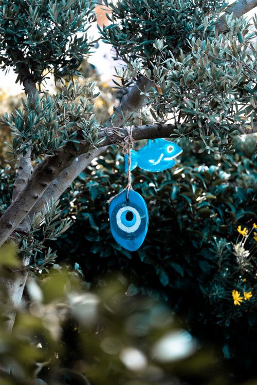 Free Blue evil eye and fish ornament hanging on a tree branch, symbolizing protection. Stock Photo