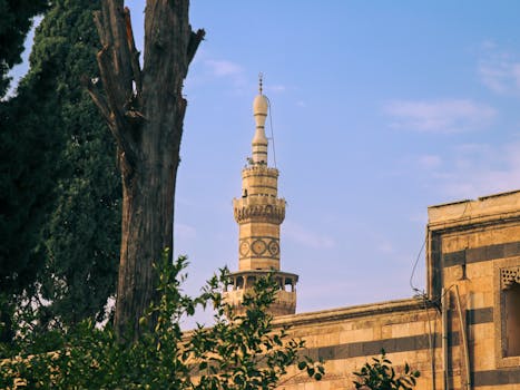 A view of the iconic minaret of the Umayyad Mosque in historic Damascus, Syria.
