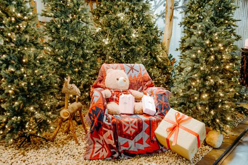 Free A cozy Christmas setup with a teddy bear and gifts, surrounded by lit Christmas trees. Stock Photo