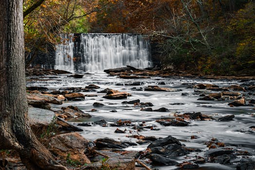 A tranquil waterfall flowing through an autumn forest with vibrant foliage and rocky stream.