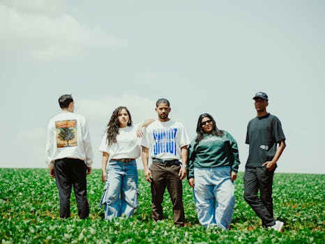 Five young adults stand confidently in a green field under a clear sky.