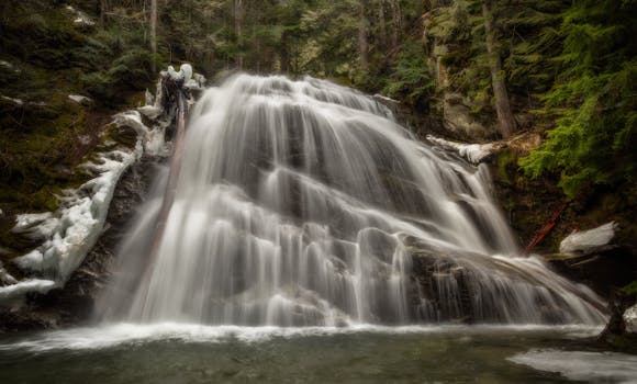 Peaceful waterfall surrounded by winter forest in Bonners Ferry, Idaho.