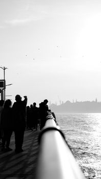 Black and white silhouettes of people enjoying a waterfront view during sunset.