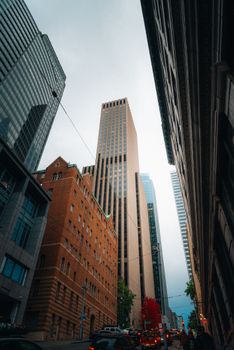 A vibrant view of downtown Seattle showcasing tall skyscrapers and classic architecture under a cloudy sky.