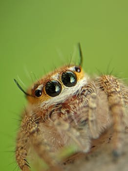 Macro shot of a jumping spider showcasing its eyes and furry body against a green backdrop.
