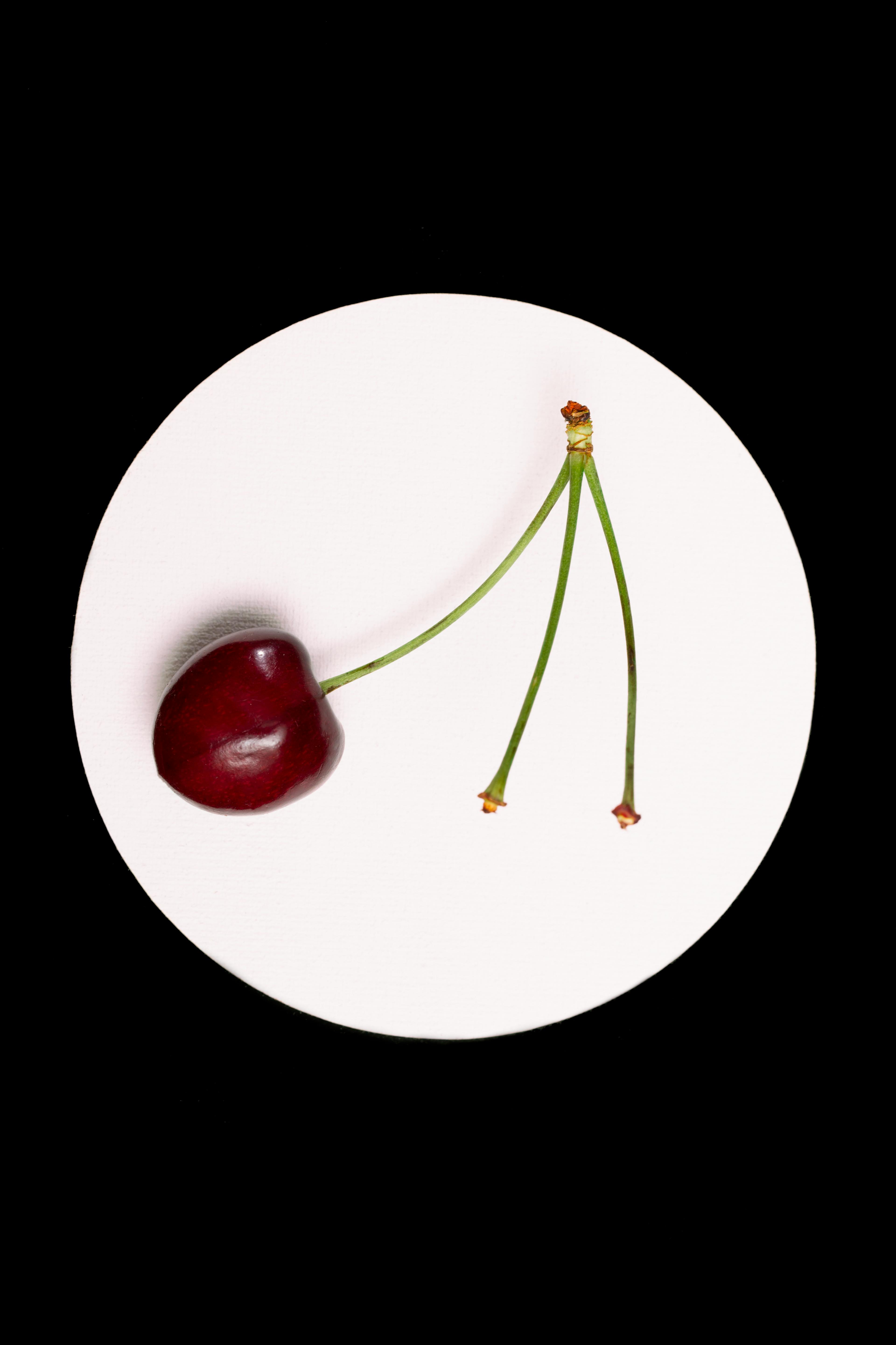 grátis Uma única cereja num prato branco com fundo preto, realçando o minimalismo. Foto profissional