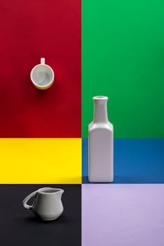 Vibrant minimalist composition featuring white ceramics on a colorful background.