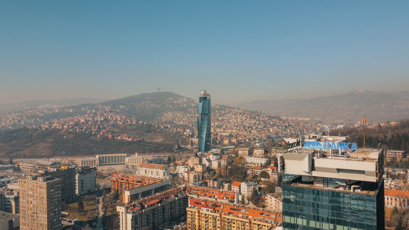 Aerial view of Sarajevo's city skyline and surrounding hills in Bosnia and Herzegovina