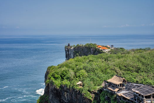 Majestic cliffside views overlooking the sea in Bali, highlighting lush greenery and architecture.