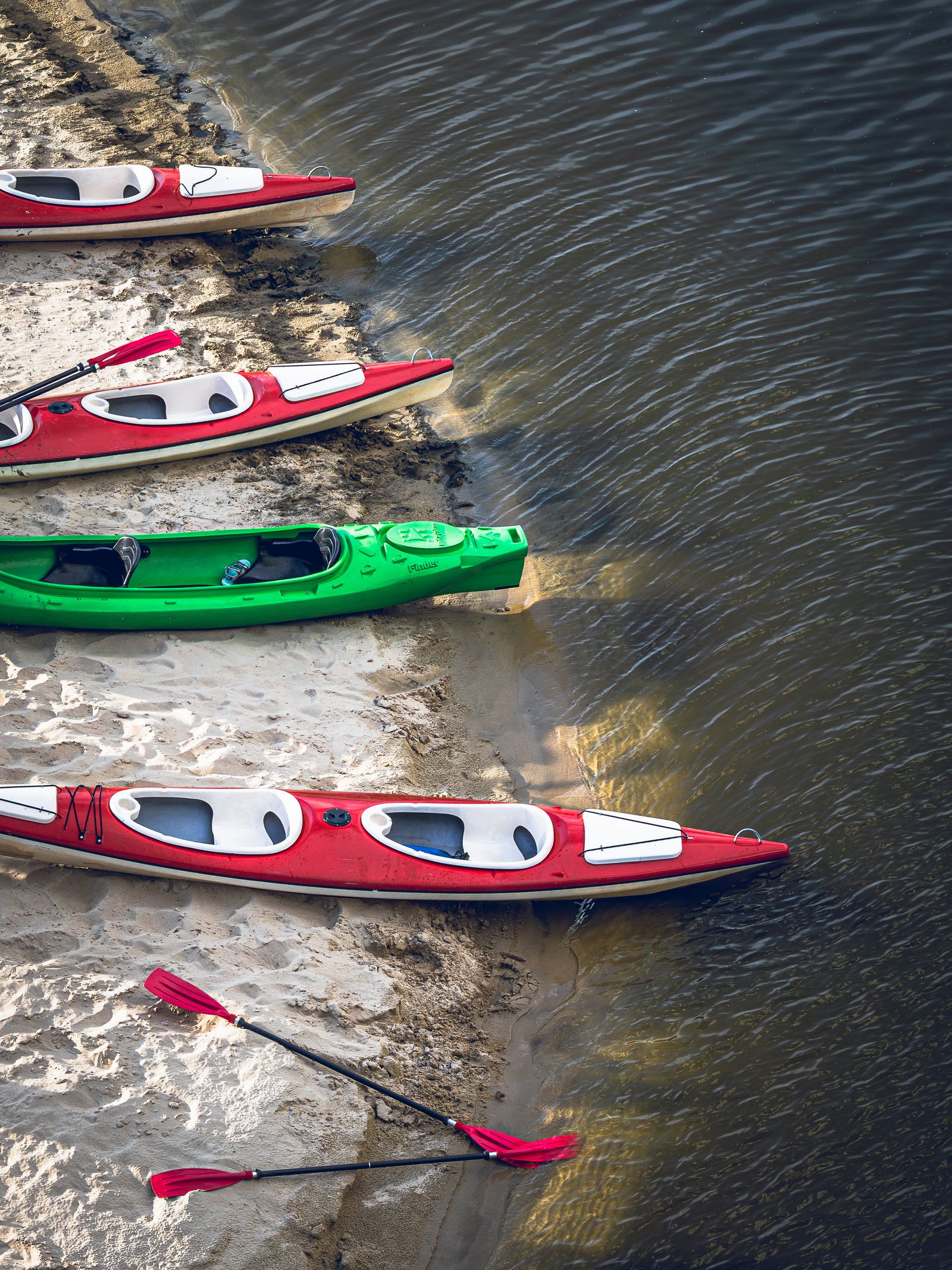 Kayaks lined up on the sandy shore