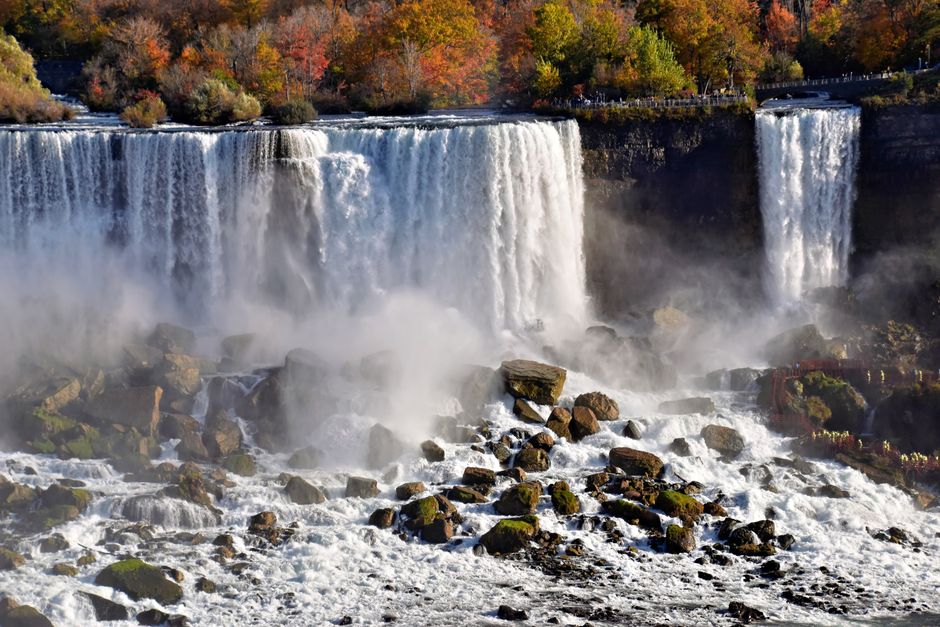 Niagara Falls Canada Tour: Helicopter, Boat Cruise & Journey - Stunning view of Niagara Falls with vibrant fall foliage and cascading waters.