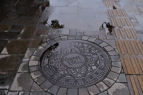 Free An artistic view of a decorated manhole cover in Semarang, featuring wet pavement reflections. Stock Photo