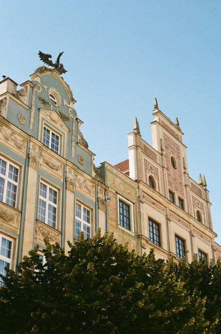 Elegant historical buildings in Gdańsk, featuring ornate facades and clear blue skies.