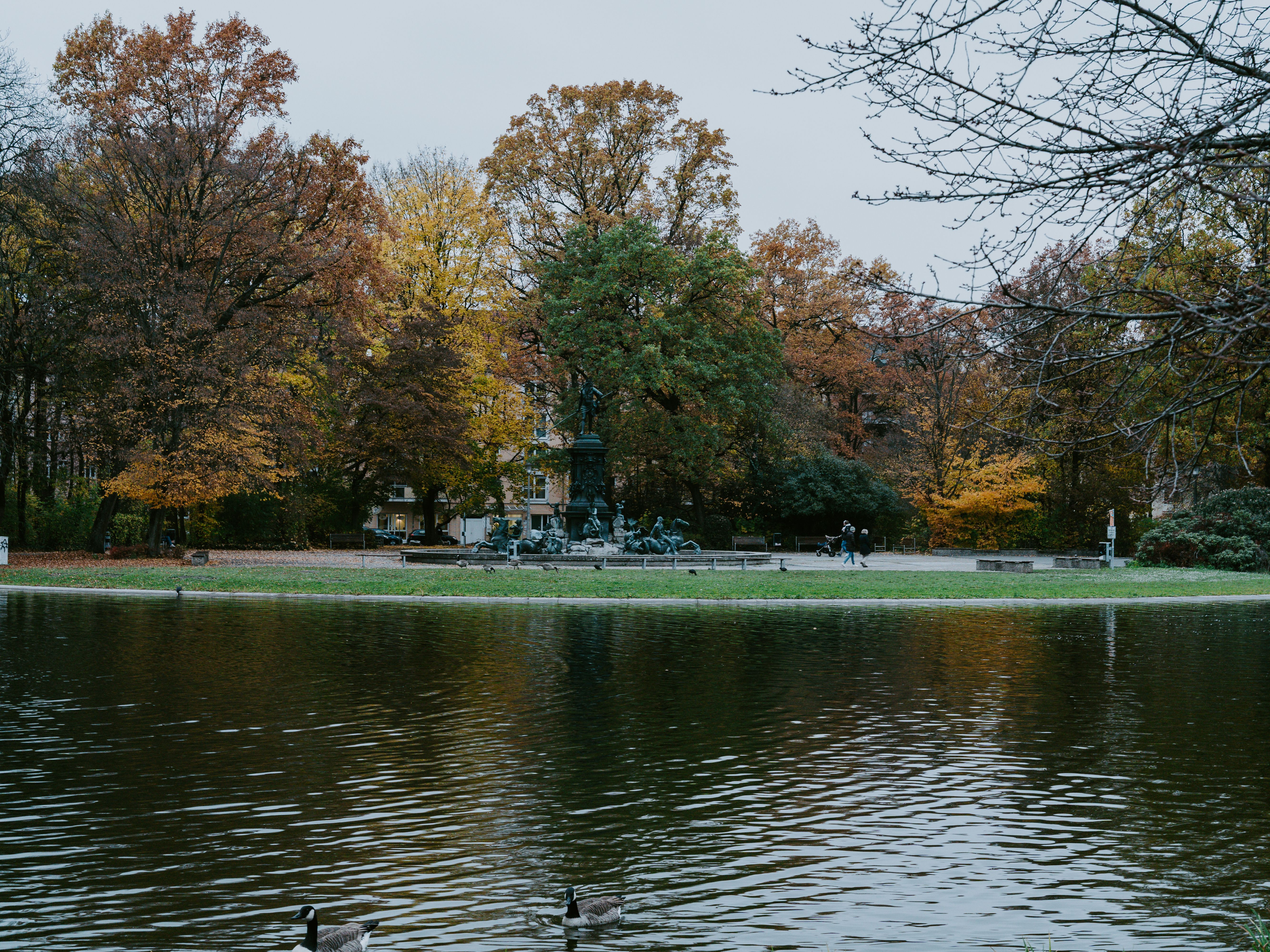 Serene Autumn Park Scene with Pond Reflection · Free Stock Photo