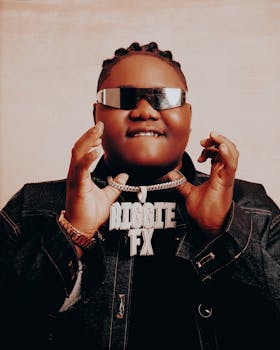 A trendy adult poses with sunglasses and a statement necklace.