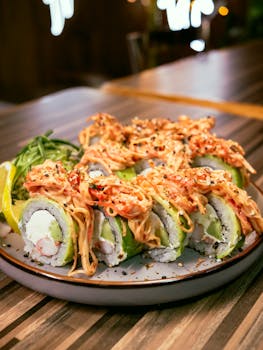 Close-up of a sushi roll with avocado, crab, and spicy sauce in a modern restaurant setting.