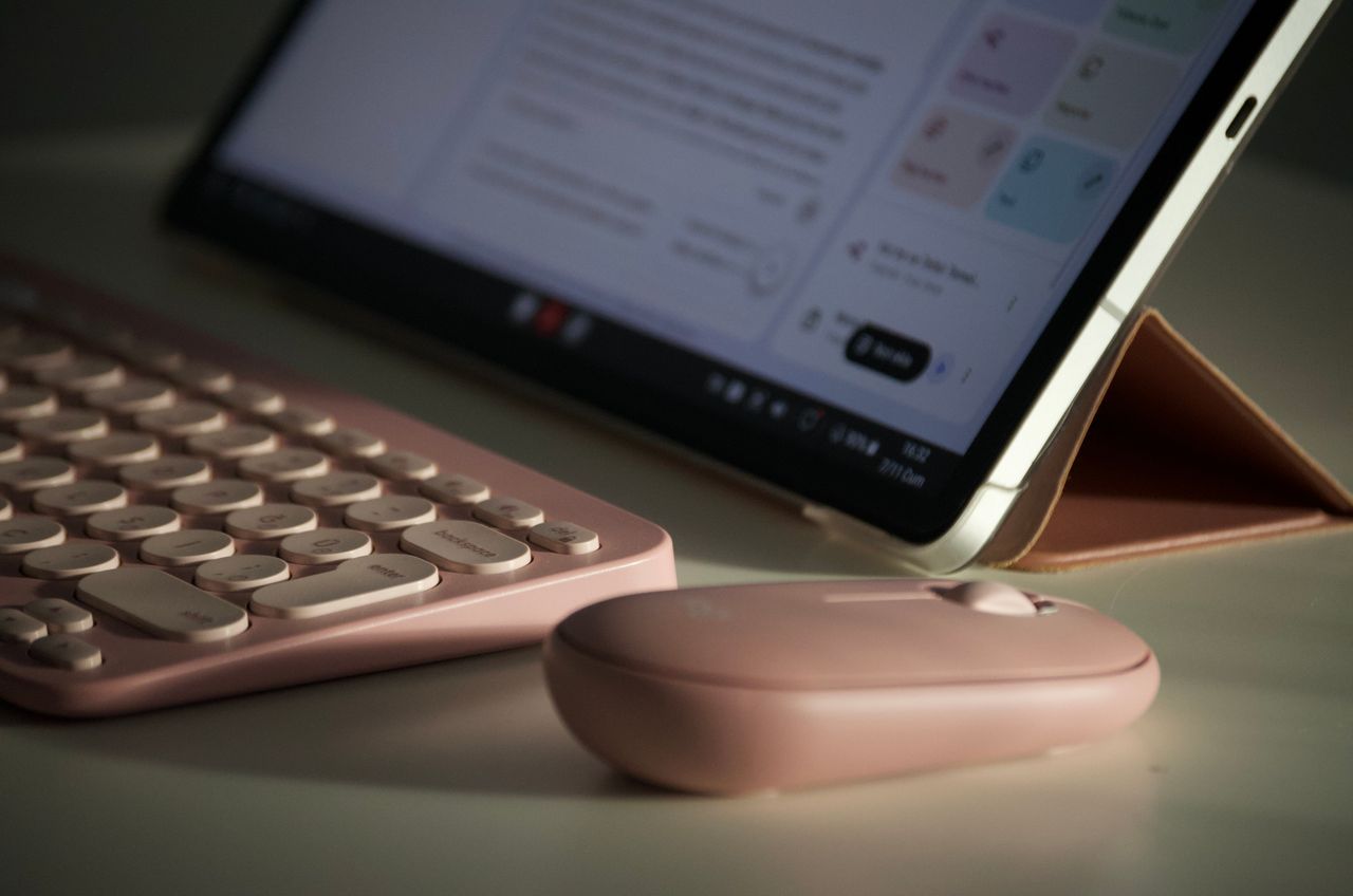 Aesthetic Digital Planner | Daily, Weekly & Monthly Planner Stylish digital workspace setup with a pink keyboard and mouse beside a tablet