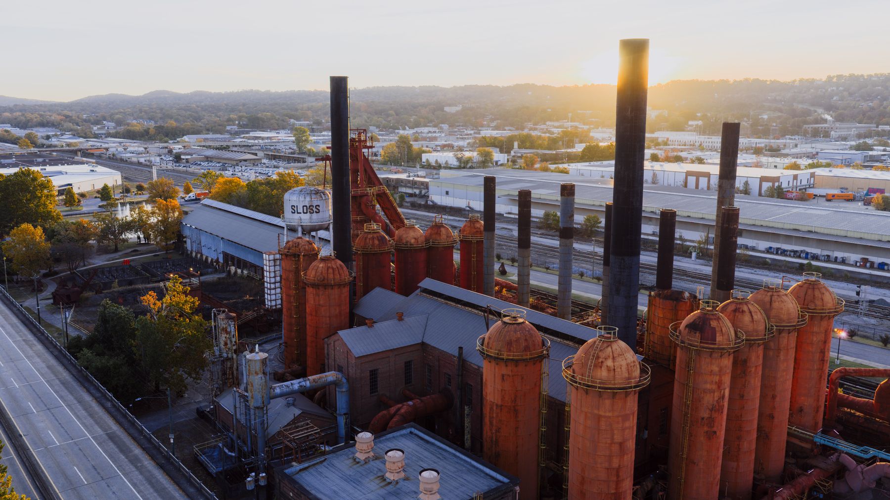 Aerial view of the historic Sloss Furnaces industrial complex in Birmingham, Alabama.