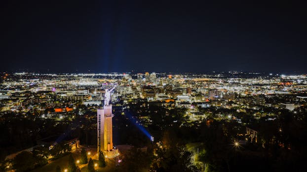 Aerial view of Birmingham's nighttime skyline featuring the iconic Vulcan statue.