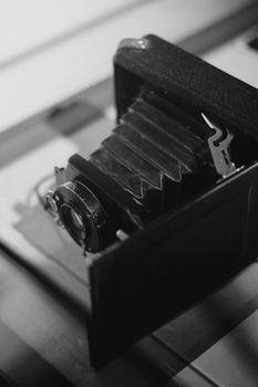 Classic bellows camera captured in black and white tone.