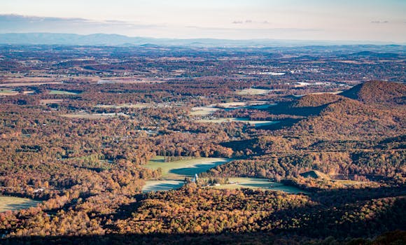 A breathtaking aerial view of a vast autumn landscape with colorful forests and rolling hills.