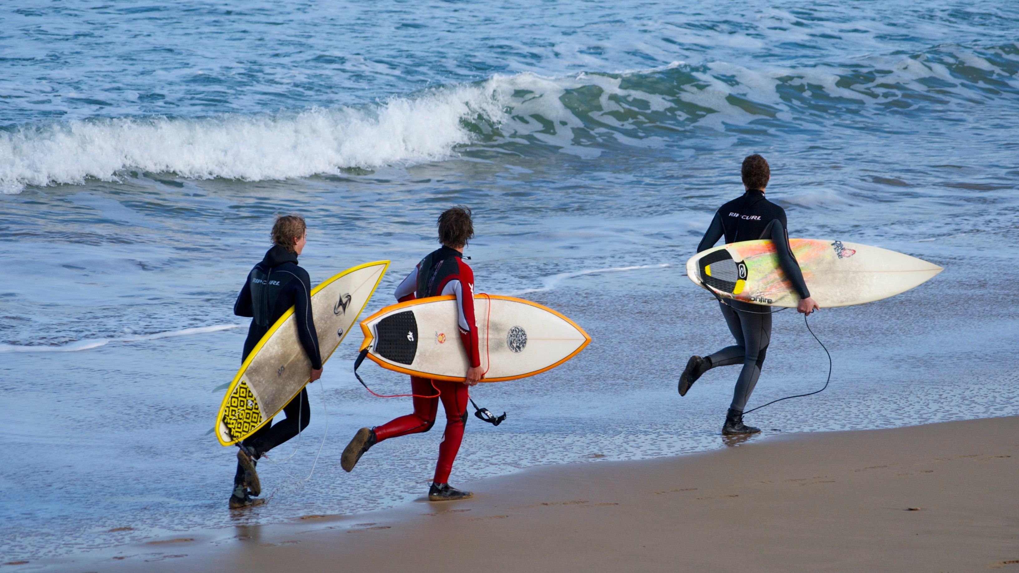 Surfers Running into Waves at Bells Beach · Free Stock Photo