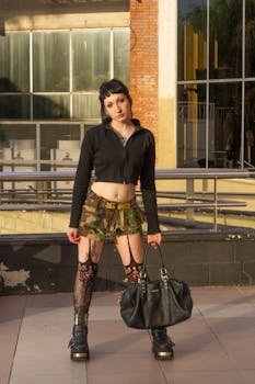 Stylish young adult with goth-inspired outfit outdoors in Argentina's urban landscape.