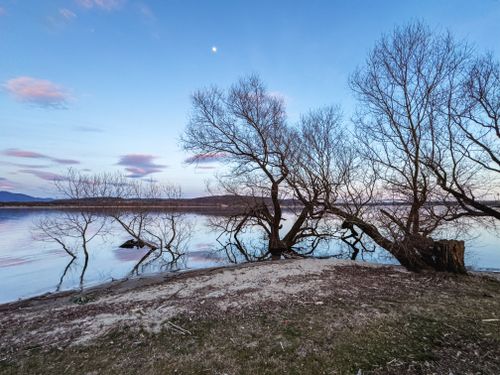 Free Beautiful twilight scene by the lake with bare trees silhouetted against a vibrant sky. Stock Photo